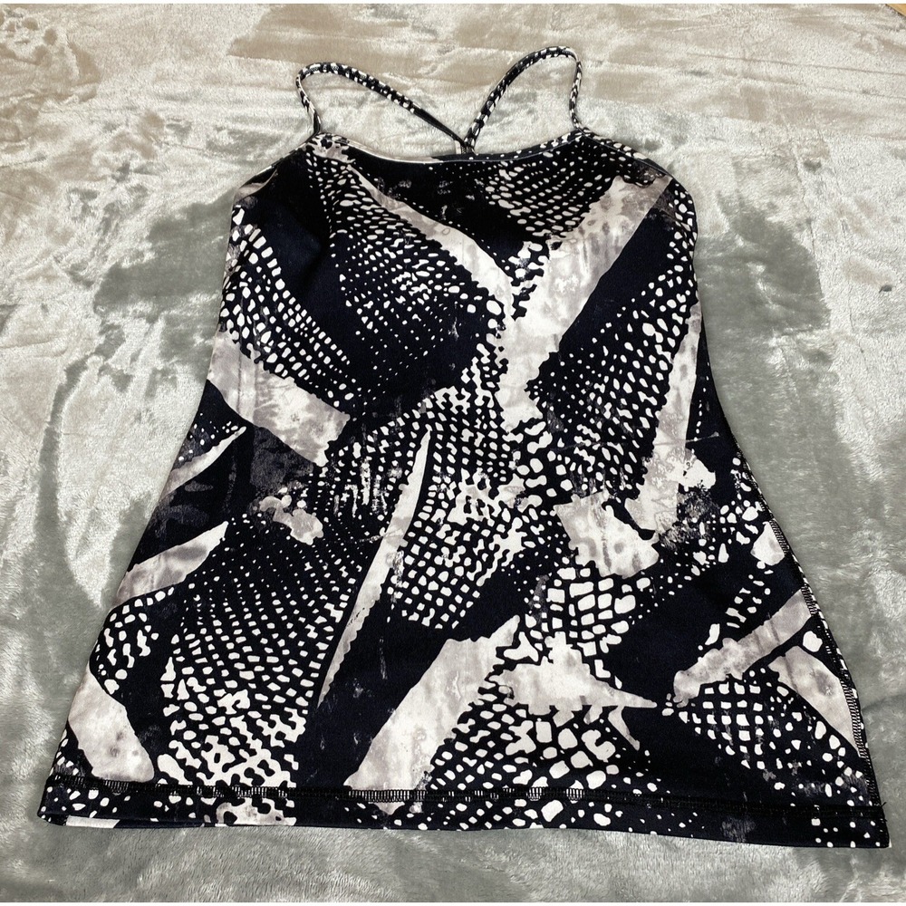 Lululemon Power Y Tank White Black Static Mist 6 Luon Built in Bra Hip Length